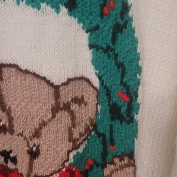 Vintage Mary Maxim Handmade Knit Sweater | Teddy Bear Wreath | Cozy Holiday - Picture 5 of 13
